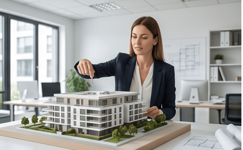 femme avec une maquette de résidence