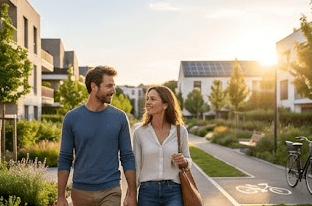 un couple dans un quartier de résidences neuves