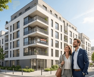 un couple devant une résidence neuve