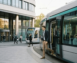 un homme qui sort d'un tram