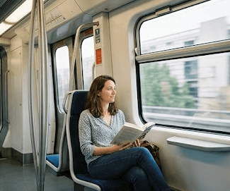 femme dans un train, qui lit un livre