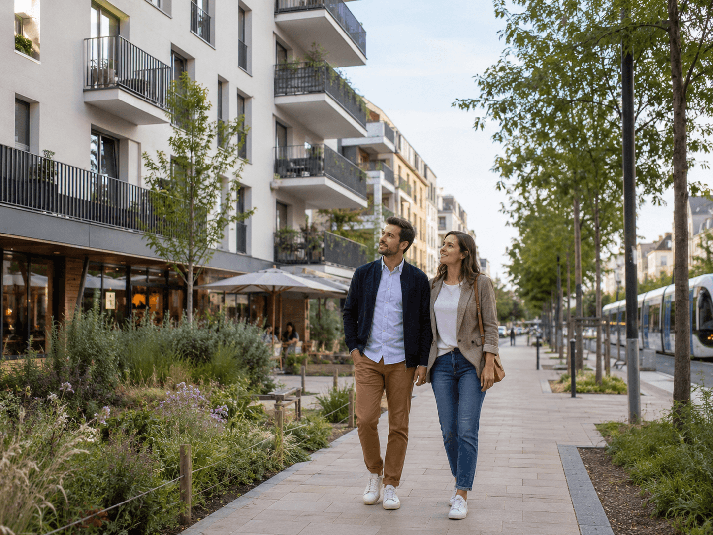 un couple qui se promène devant une résidence