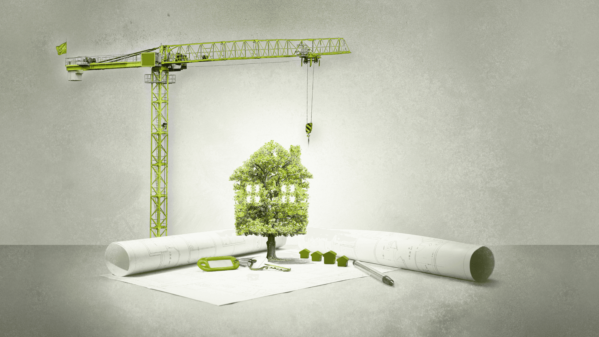 Dessin d'une grue avec maison verte