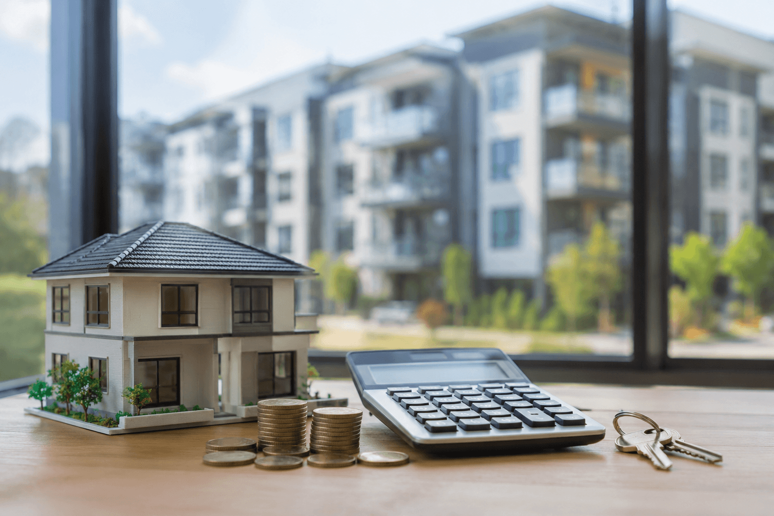 petite maison, calculatrice et clé posé sur un bureau
