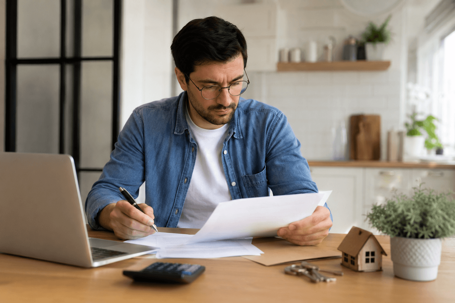 homme devant son ordinateur qui lit une feuille
