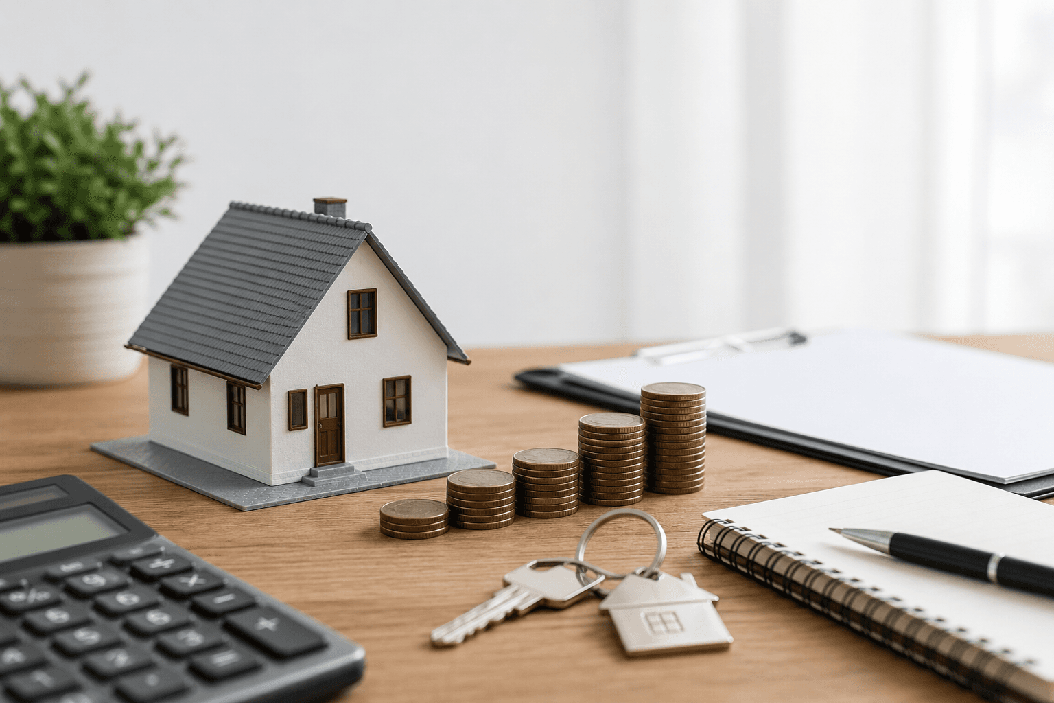 clé, maison sur un bureau