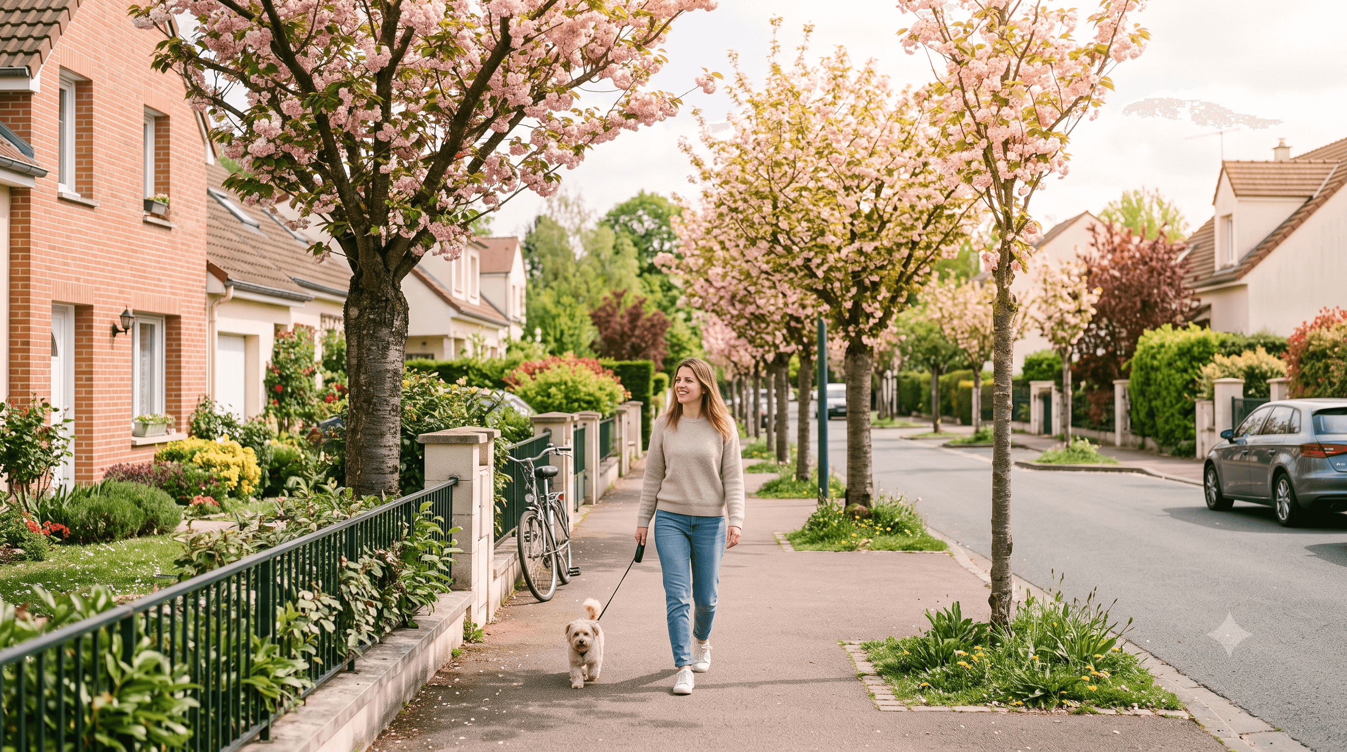 femme qui se balade avec son chien dans une rue calme